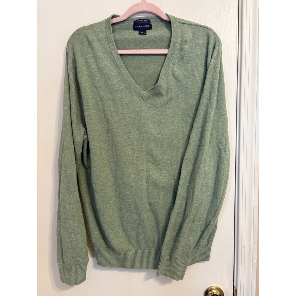 Lands' End Supima Cotton V-Neck Pullover Sweater Green L/T 42-44 Long Sleeve